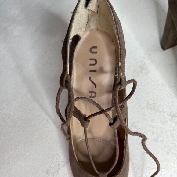 Unisa Tan Suede Laced Front Pointed Toe Block Heels Pumps Size 7 - Picture 5 of 11